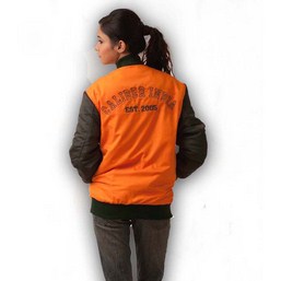 full polyester jacket back, ladies varsity jacket, orange varsity jacket