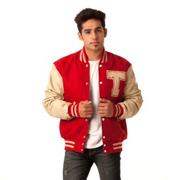 tan varsity jacket, latterman jacket, red full fleece jacket
