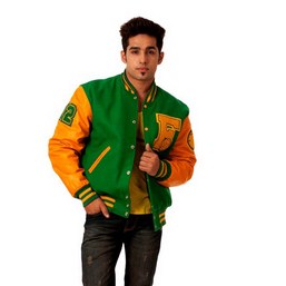 bright kelly green varsity, full sleeve jacket, gold sleeve jacket 