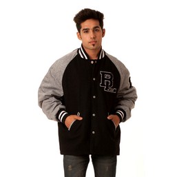 classic varsity jacket,  full sleeve varsity jacket, black body gray sleeve versity jacket