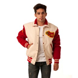 Tan Body Scarlet Sleeve exporters, red sleeve jacket, full varsity jacket